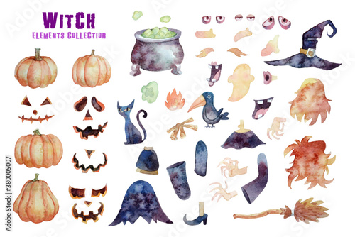 Witch elements isolated Halloween collection watercolor painting. 