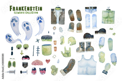 Frankenstein elements isolated Halloween collection watercolor painting. 
