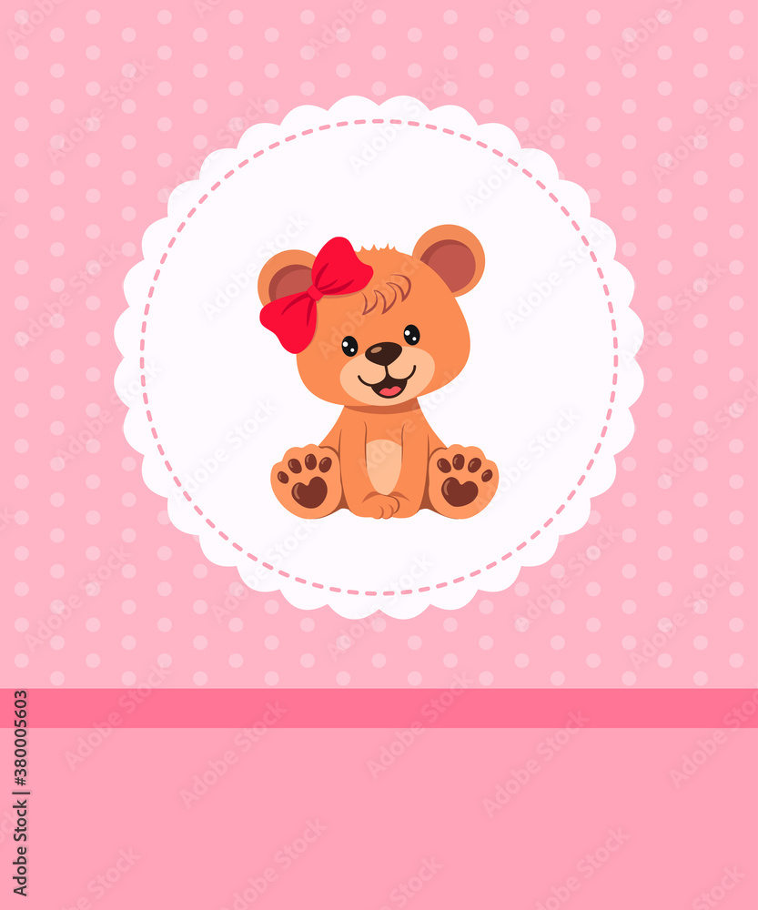 Invitation, greeting card with teddy bear girl with frame, ribbon and pattern. Place for your text Invitation, greeting card with teddy bear girl with frame, ribbon and pattern. Place for your text