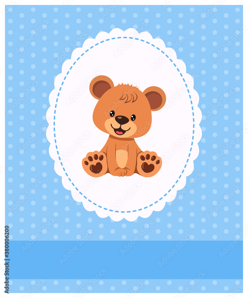 Invitation, greeting card with teddy bear boy with frame, ribbon and pattern. Place for your text Invitation, greeting card with teddy bear boy with frame, ribbon and pattern. Place for your text