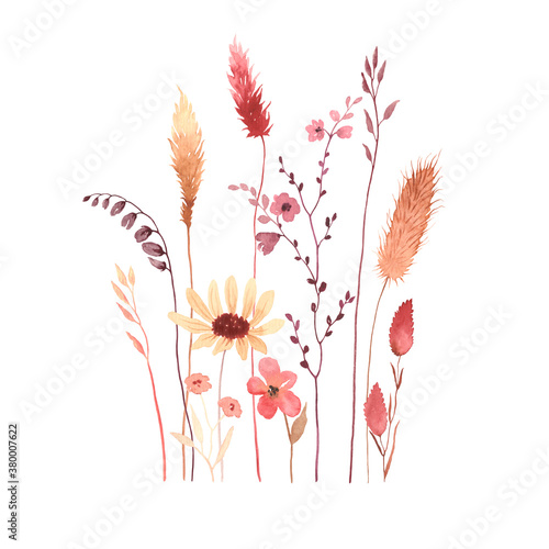 Watercolor floral card with abstract wildflowers  isolated illustration on white background in vintage style.