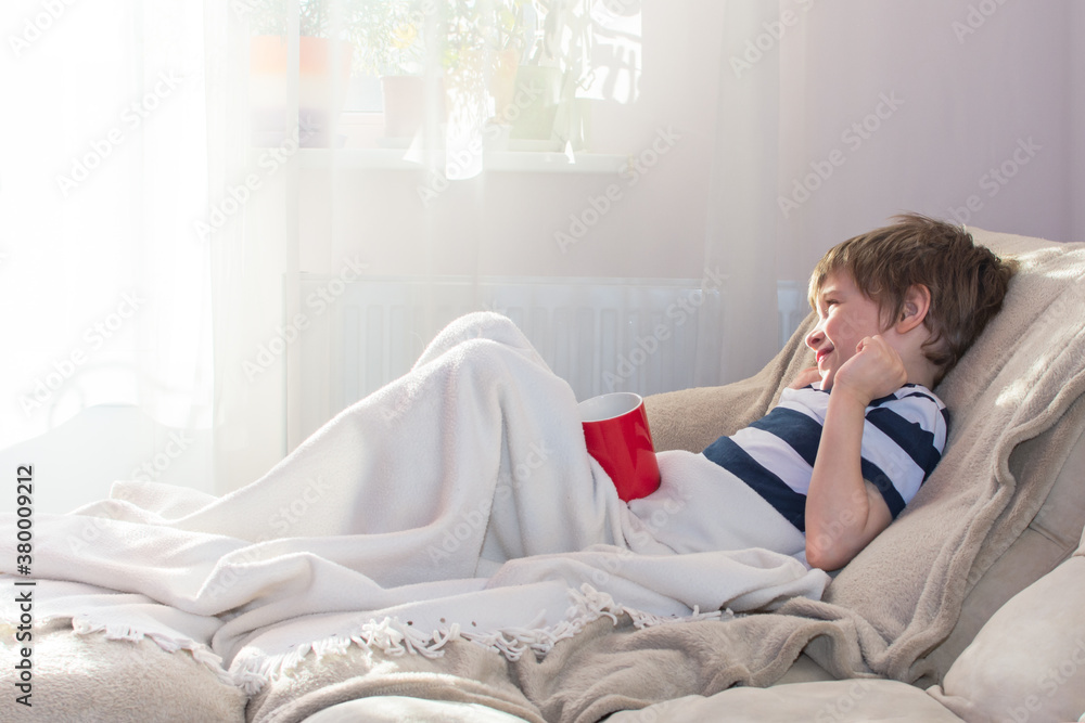 Boy is lying in bed under a blanket on a Sunny morning near window. Boy is lying in bed under a blanket on a Sunny morning near window.