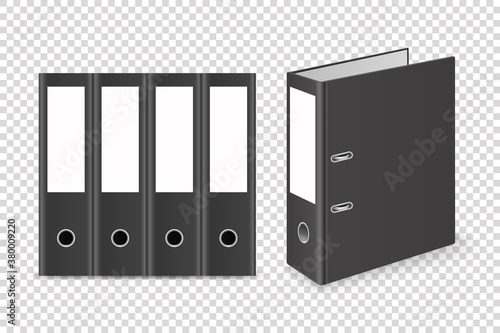 Vector 3d Closed Realistic Black Blank Office Binder with Metal Rings for A4 Paper Sheet Set Closeup Isolated on White Background. Design Template, Mockup, Front, Side, Back View