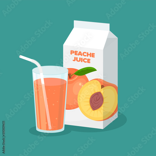Vector peach juice packaging and full glass of it isolated on blue background. Carton pack template for your design. Healthy organic nutrition.