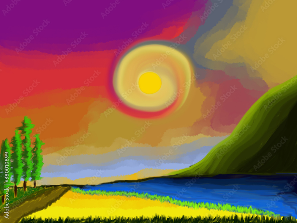 Digital Painting of Landscape - lake, mountain, trees and sun