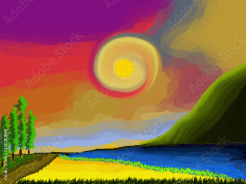 Digital Painting of Landscape - lake, mountain, trees and sun