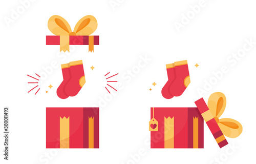Set icon gift box present with colorful dot socks. Surprise for holiday, New Year, Christmas, xmas, Valentine day's and Birthday. Open gifts with ribbon and bow. Red and Yellow