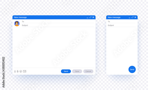 Email window web and mobile template isolated on transparent background with shadow, new message interface mockup set. Computer desktop and phone screen of mail page. Internet webpage window. photo