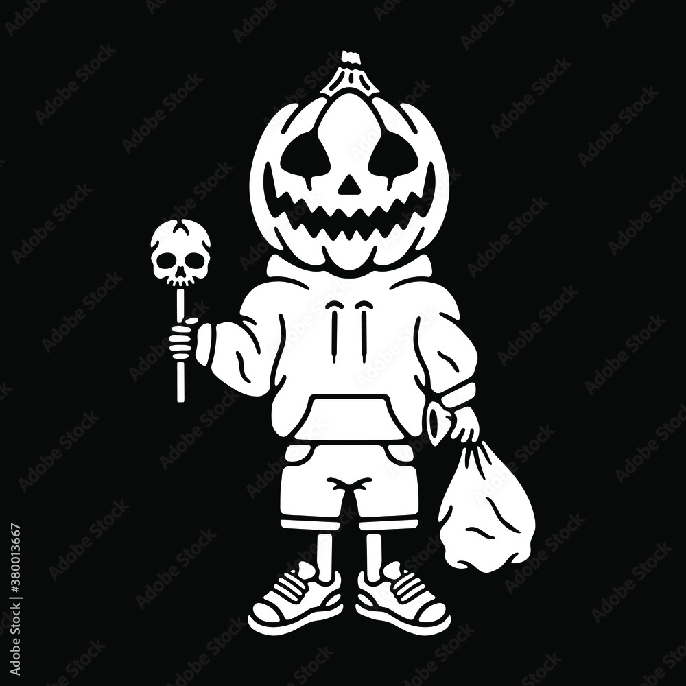 Halloween pumpkin boy in clothes with a skull Halloween pumpkin boy in clothes with a skull