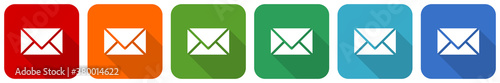 Email, envelope icon set, flat design vector illustration in 6 colors options for webdesign and mobile applications