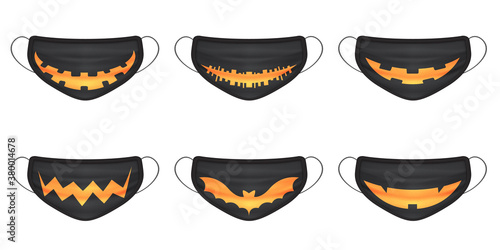 Cartoon icon with black halloween smile mask pumpkin on white background for celebration design. Coronavirus face protection symbol.
