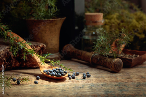 Juniper berries on a old wooden table. photo