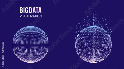 Collection of spheres of glowing particles and with explosion effect. Big data visualization. Modern sci-fi elements consisting of points. Technology vector illustration.