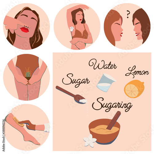 Vector illustration of recipe of sugar paste for depilation and set of 5 icons in nice natural colors, symbol of depilation area. It can be used for beauty and SPA site, blogs of cosmetologist