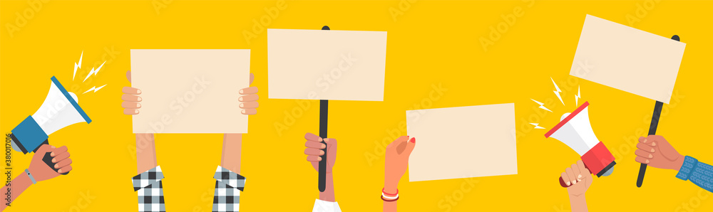 Hands holding empty blank placards and megaphones on demonstration ...