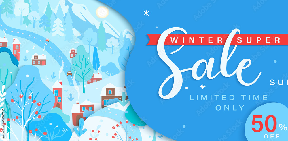 Winter sale card with fall wintertime landscape: trees, houses, mountain.Big discounts in new season with panoramic of countryside. Banner, poster, card with clearance.Vector illustration.