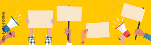 Hands holding empty blank placards and megaphones on demonstration. People with protests banners and empty vote signs. Election and protest concept campaig. Vector illustration.
