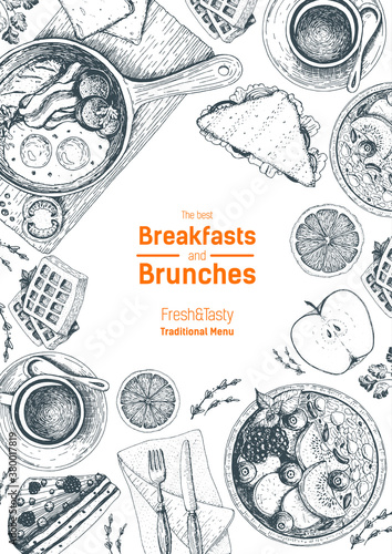 Breakfasts and brunches top view frame. Food menu design. Vintage hand drawn sketch vector illustration. Good nutrition.