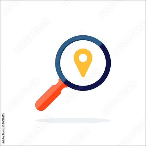 Find Location logo design template. Search internet web with magnifying glass locator vector logo icon. Finding location vector icon