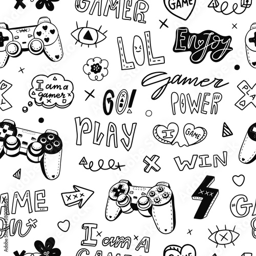 Seamless pattern with joystick, lettering, eyes, flowers, hearts, for textiles. Black and white background for gamers. Vector girly design for t-shirt. Text: play, enjoy, power, lol, girl.