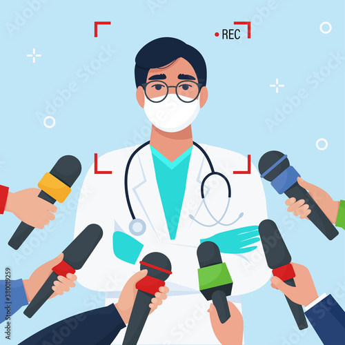 Doctor in a protective mask gives interviews to journalists and the media. Vector illustration in flat style