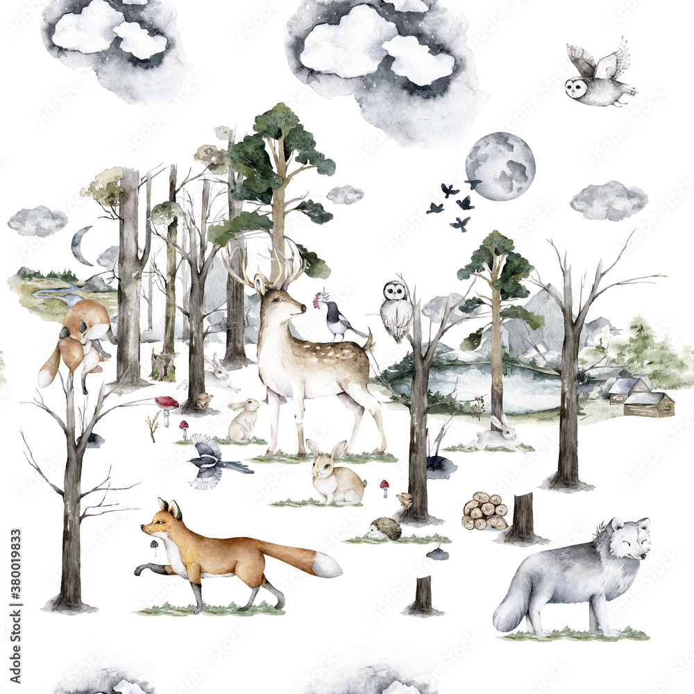 Watercolor Woodland animals seamless pattern. Fabric wallpaper background with Owl, hedgehog, fox and butterfly, bird baby animal, Scandinavian Nursery