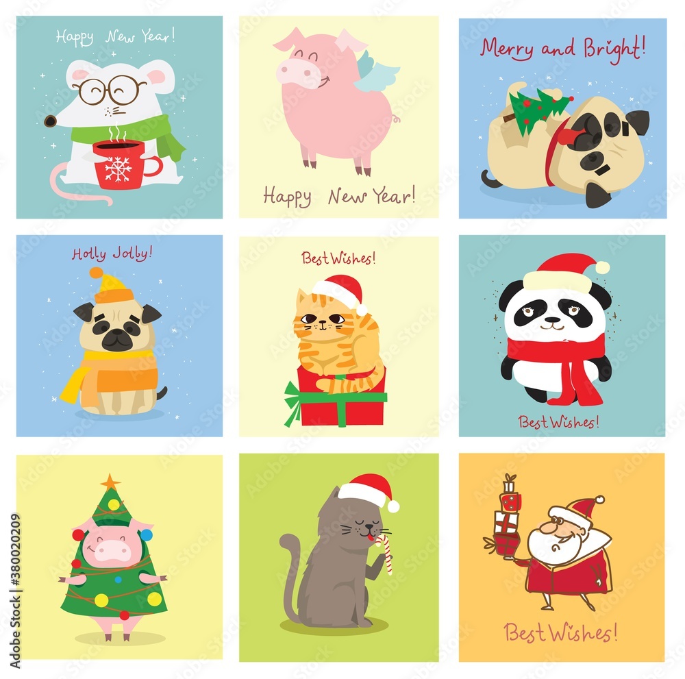 Fototapeta premium Vector illustration of christmas cats, pigs, rats and dogs with Christmas and new year greetings.
