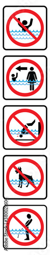 Swimming pool rules-Vertical type. No Diving sign,No pets sign,No peeing in pool  icon and Don`t swim alone icon.