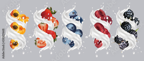 Milk splash on fruit and berry. Realistic apricot, strawberry, black raspberry, blueberry, cherry. Tasty fruit yogurt. Vector illustration.
