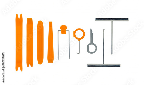 Trim and removal pry tools set isolated for removing plastic car console and door panel inside the car