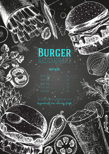 Burgers and ingredients for burgers vector illustration. Fast food, junk food frame. American food. Elements for burgers restaurant menu design. Engraved image, retro style.