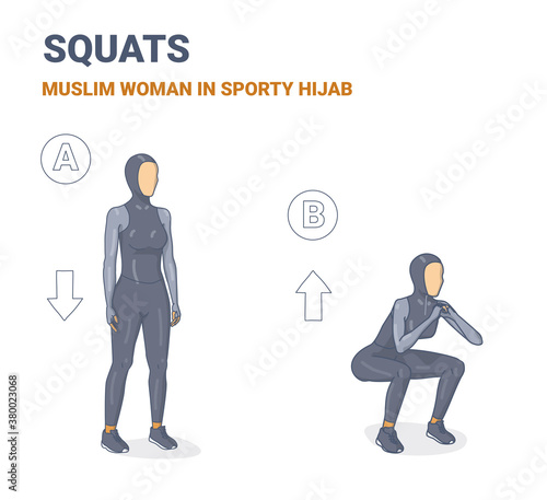 Squat Female Exercise Guide Silhouettes. Athletic Muslim Girl In Sporty Hijab Does the Weight Loss Workout.