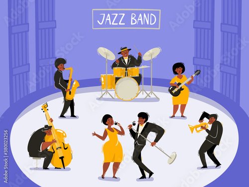 Cartoon vector illustration of jazz musicians playing in club.