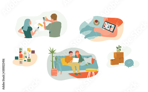 DIY guide interior improvement vector. Couple wants renovate house after relocating. Video tutorial of room remodeling and wall painting.  Female with tablet searching design inspiration.