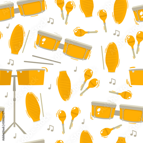 Traditional etnic music instruments and note seamless pattern on white