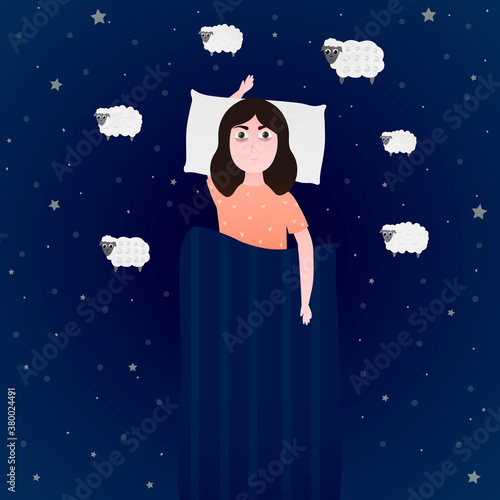 Little girl suffering from insomnia, counting sheeps and trying to fall asleep, health disorder