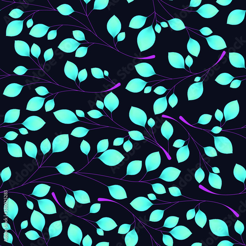 Branches with blue leaves on a black background. Seamless Vector illustration. Stylish background with graphic leaves. Use for wallpaper, web design, surface textures, textile prints, wrapping, etc.