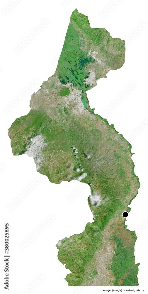 Nsanje, district of Malawi, on white. Satellite