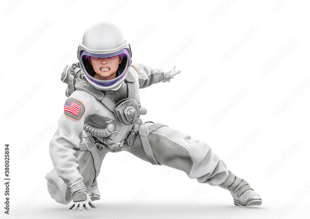 american astronaut is crouched in action on a space outfit portrait american astronaut is crouched in action on a space outfit portrait