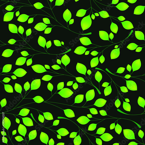 Branches with green leaves on a black background. Seamless Vector illustration. Stylish background with graphic leaves. Use for wallpaper, web design, surface textures, textile prints, wrapping, etc.