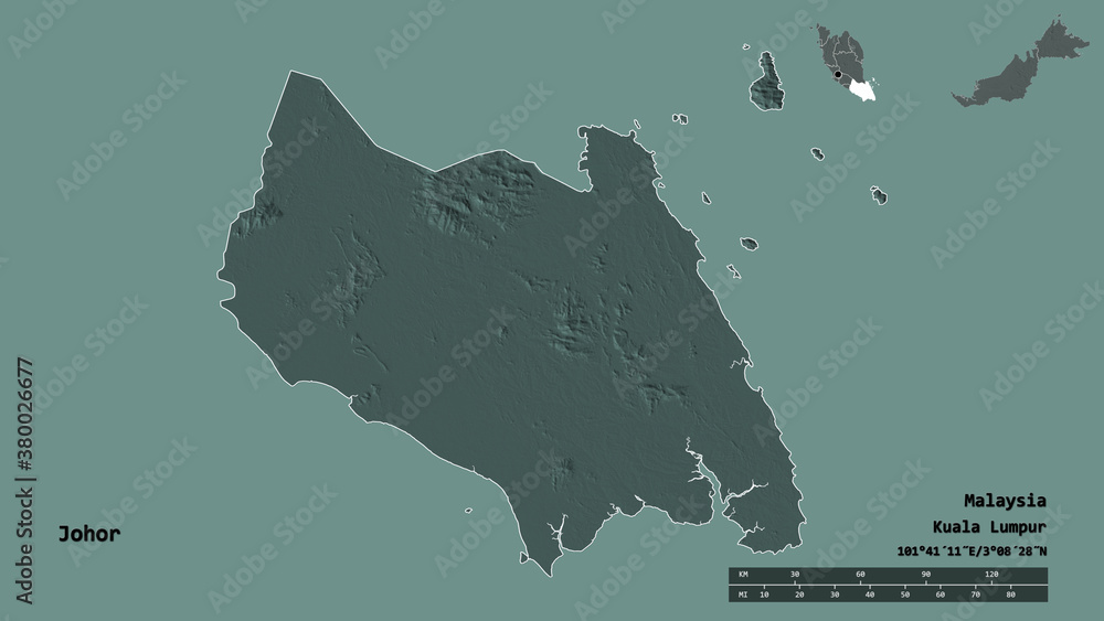 Johor, state of Malaysia, zoomed. Administrative