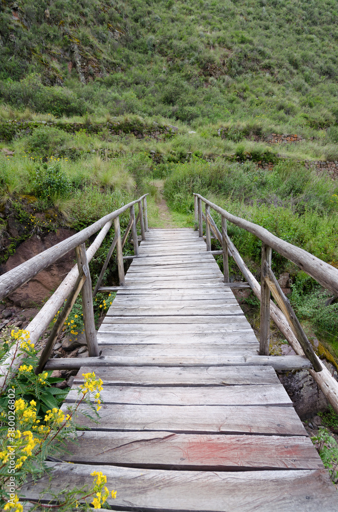 Rustic wooden bridge surrounded by greenery Rustic wooden bridge surrounded by greenery