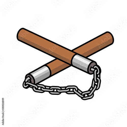 Wooden nunchucks in brown.  Eastern inertial edged weapon of shock and choking action.  Isolated on white background there is a place for printing