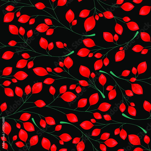 Branches with red leaves on a black background. Seamless Vector illustration. Stylish background with graphic leaves. Use for wallpaper, web design, surface textures, textile prints, wrapping, etc.