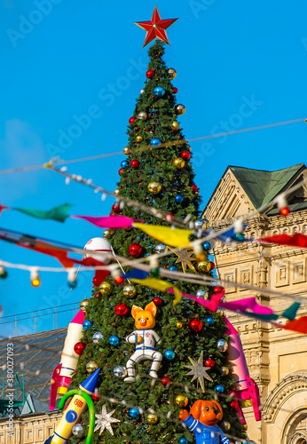 February 5, 2020 Moscow, Russia, New Year tree on Red Square in Moscow on a clear frosty day.
