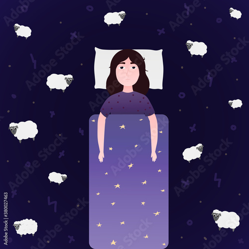 Tired girl dealing with insomnia or suffering from nightmares lying in bed and trying to fall asleep by counting sheeps