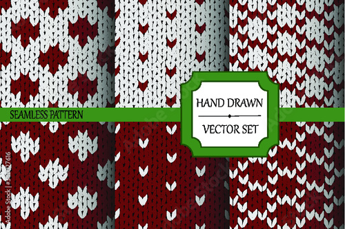 Vector illustration. Set of seamless backgrounds. Knitted texture. Red-white patterns. New Year's and Christmas.