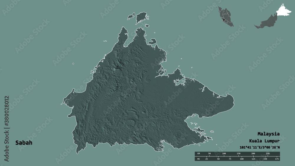 Sabah, state of Malaysia, zoomed. Administrative