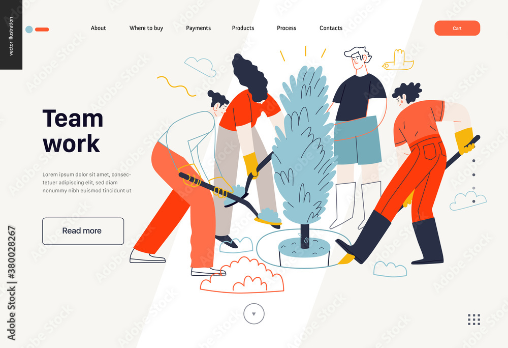 Business topics -teamwork, web template header. Flat style modern outlined vector concept illustration. Group of people working together with spades digging the ground planting tree. Business metaphor
