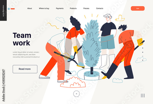 Business topics -teamwork, web template header. Flat style modern outlined vector concept illustration. Group of people working together with spades digging the ground planting tree. Business metaphor